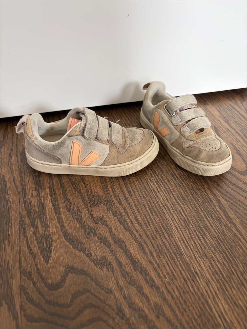 Kids Veja Suede Velcro Sneakers in Beige with Peach Accent size US 11/ EUR 28